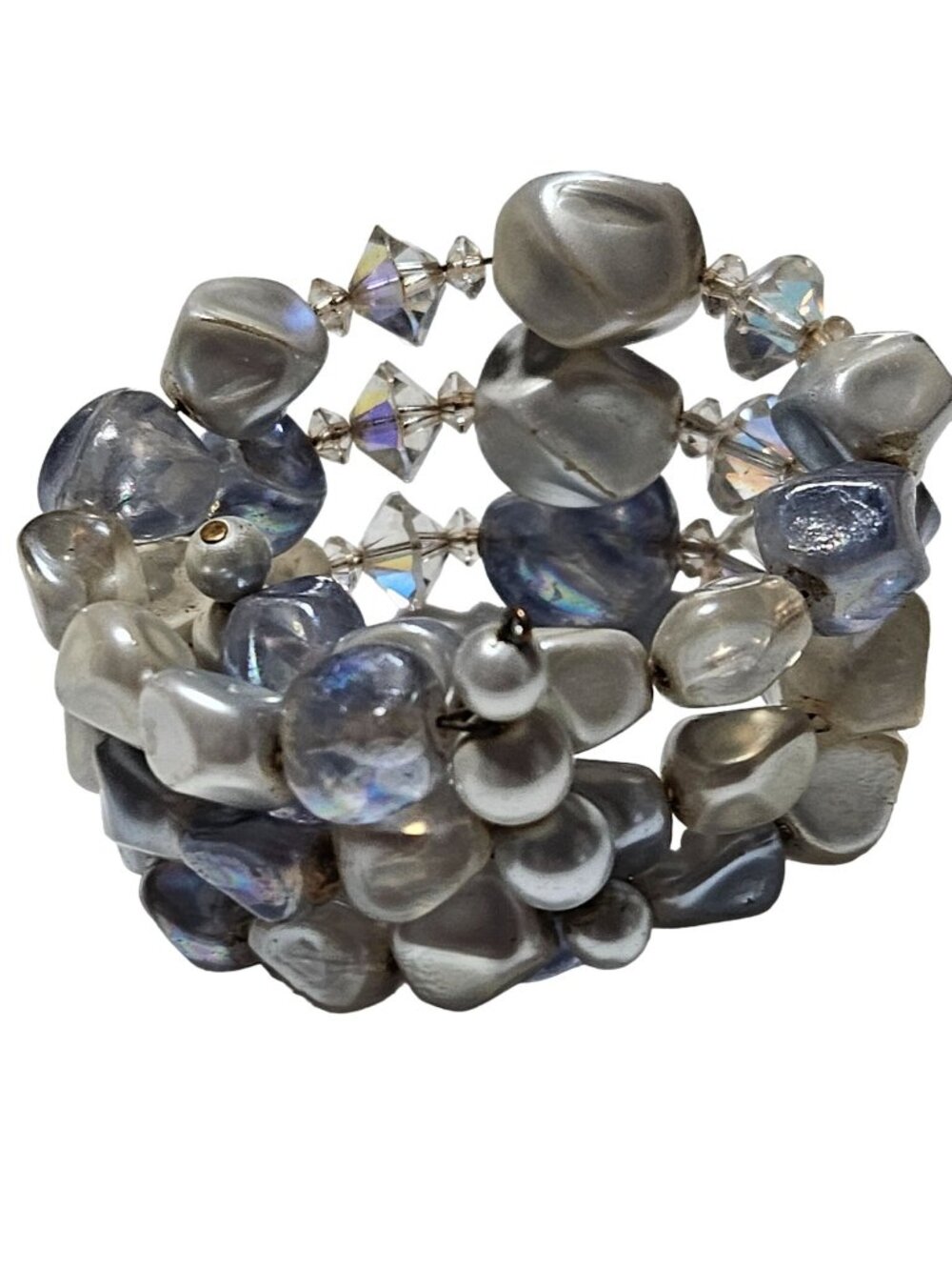 Vintage Chunky Beaded Stack Bracelet Iridescent Blue White Fashion Jewelry Women